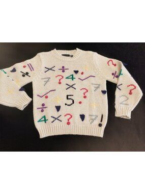 Tomboy Women Knit Sweater Small Ivory Crochet Pullover Numbers Design 100 % Wool